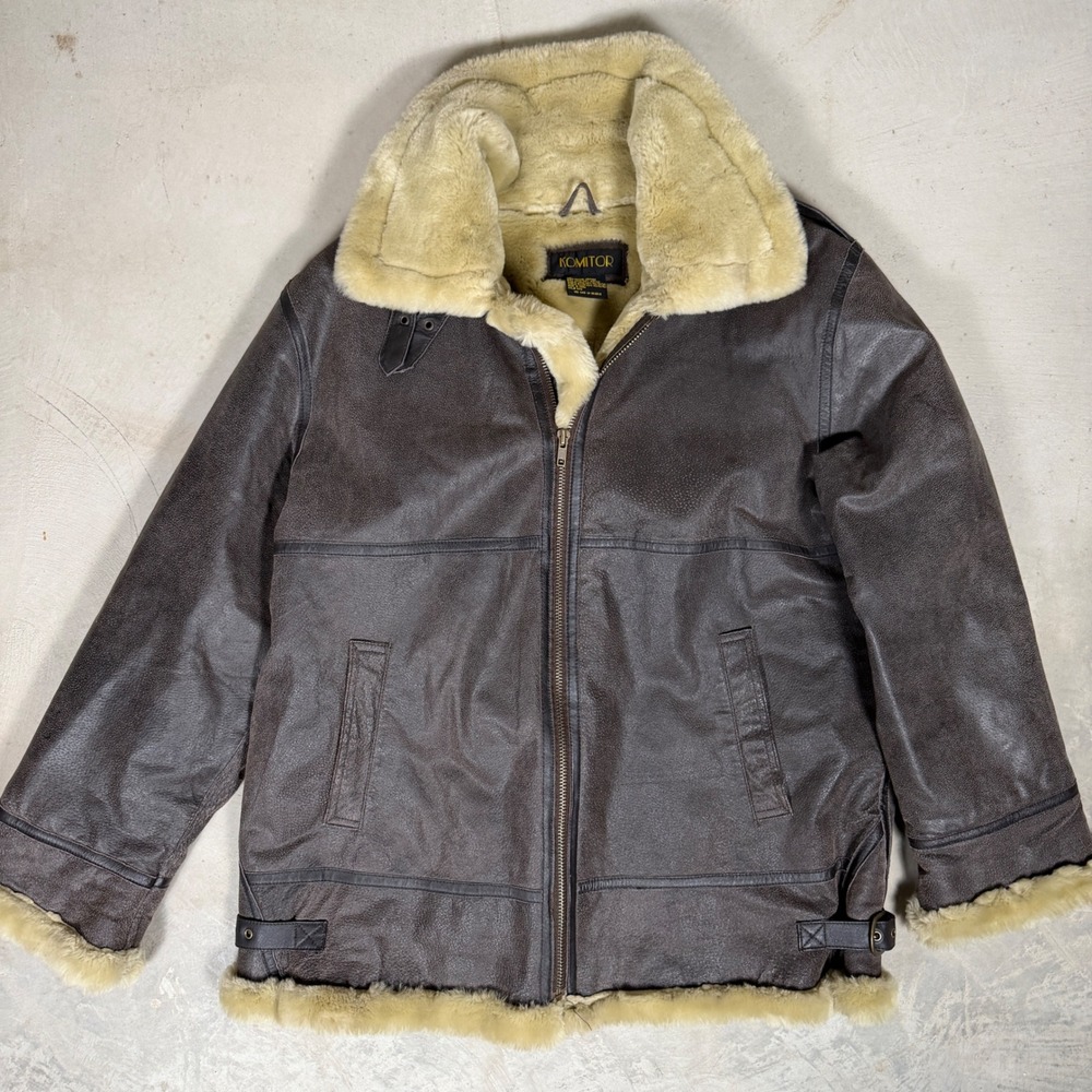 Komitor Mens Brown Genuine Leather Faux Shearling Lined Bomber Flight Jacket XL